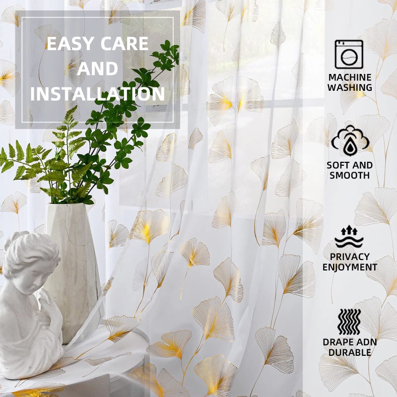youleyar Gold Foil Print Voile Sheer Curtains, Leaves Grommet Top Window Drapes 84 Inches Long, Luxury Metallic Bronzing Treatment Panels for Home Window Decoration, 2 Panels - Image 5