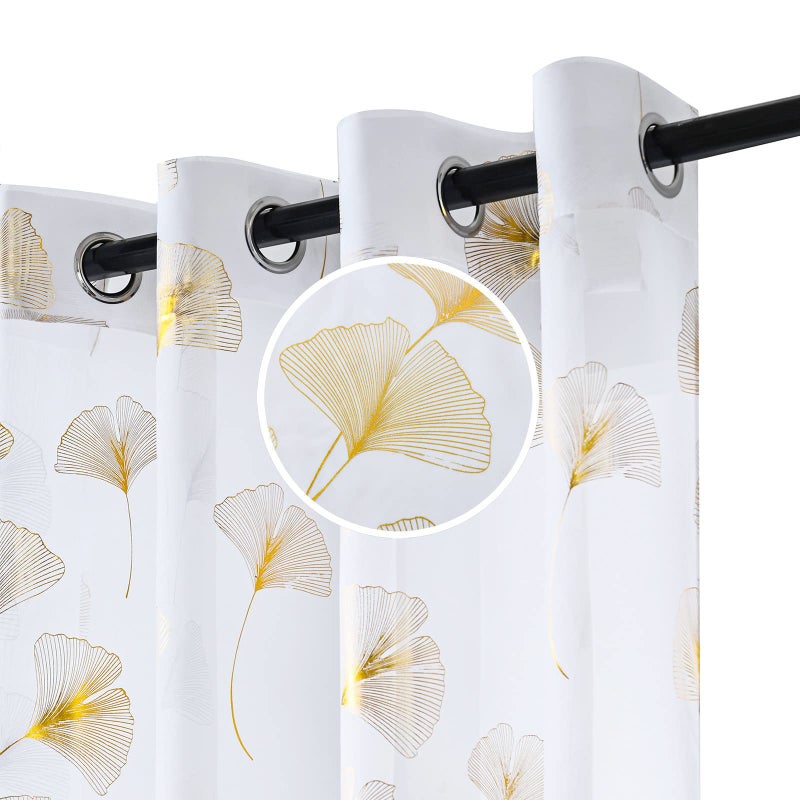 youleyar Gold Foil Print Voile Sheer Curtains, Leaves Grommet Top Window Drapes 84 Inches Long, Luxury Metallic Bronzing Treatment Panels for Home Window Decoration, 2 Panels - Image 2