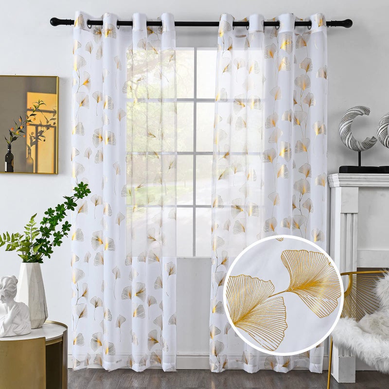 youleyar Gold Foil Print Voile Sheer Curtains, Leaves Grommet Top Window Drapes 84 Inches Long, Luxury Metallic Bronzing Treatment Panels for Home Window Decoration, 2 Panels - Image 1
