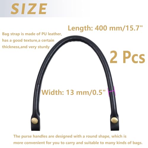 Semetall Purse Handles 2 Pcs 0.5'' Wide 15.7" Length Handbag Handles Black PU Leather Purse Strap with Button for Handbag and Handbag DIY Making Accessories,Leather Handles for Bags - Image 2