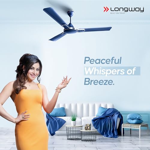 LONGWAY Wave P1 1200 mm/48 inch 400 RPM Ultra High Speed 3 Blade Star Rated Anti-Dust Decorative Ceiling Fan 2 Years Warranty (Silver Blue, Pack of 1) - Image 2