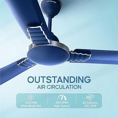 LONGWAY Wave P1 1200 mm/48 inch 400 RPM Ultra High Speed 3 Blade Star Rated Anti-Dust Decorative Ceiling Fan 2 Years Warranty (Silver Blue, Pack of 1) - Image 3