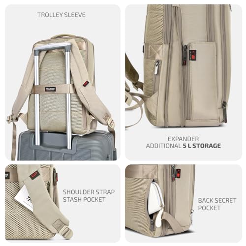 VIP VOGUE 17 Inch Compatible Laptop Backpack 27L + 5L Expandable | Water-Resistant with 3 Compartments | Padded Laptop Sleeve, Side Bottle Pocket | Office & Travel Backpack for Men & Women (Beige) - Image 5