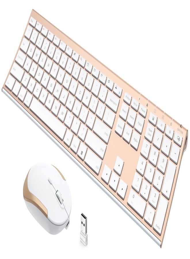 VssoPlor Wireless Keyboard and Mouse, Vssoplor Rechargeable Quiet Full-Size Keyboard and Mouse Combo Set Ultra Slim Design for Laptop, PC, Notebook, Desktop-White and Gold - Image 1