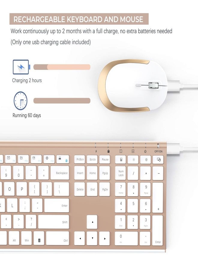 VssoPlor Wireless Keyboard and Mouse, Vssoplor Rechargeable Quiet Full-Size Keyboard and Mouse Combo Set Ultra Slim Design for Laptop, PC, Notebook, Desktop-White and Gold - Image 2