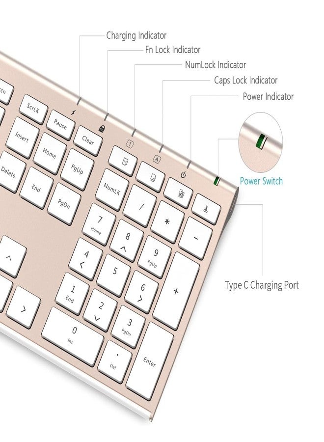 VssoPlor Wireless Keyboard and Mouse, Vssoplor Rechargeable Quiet Full-Size Keyboard and Mouse Combo Set Ultra Slim Design for Laptop, PC, Notebook, Desktop-White and Gold - Image 4