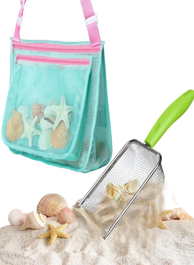 LIDAGO Beach Mesh Shovel with Mesh Bag for Shell Collecting,Beach Scoop Metal Shark Tooth Sifter Sand Dipper for Kids Boys Girls - Image 1