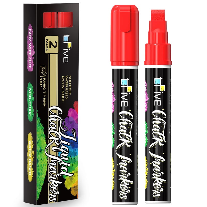 TFIVE Red Liquid Chalk Markers - 2 Pack Jumbo Chalk Pens with 10mm 3 in 1 Nib Wide Tips, Dry & Wet Erase Marker Pens for Glass, Chalkboard, BlackBoard, Windows, Calendar, Pumpkin, Mirror - Image 1