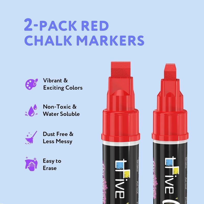TFIVE Red Liquid Chalk Markers - 2 Pack Jumbo Chalk Pens with 10mm 3 in 1 Nib Wide Tips, Dry & Wet Erase Marker Pens for Glass, Chalkboard, BlackBoard, Windows, Calendar, Pumpkin, Mirror - Image 2