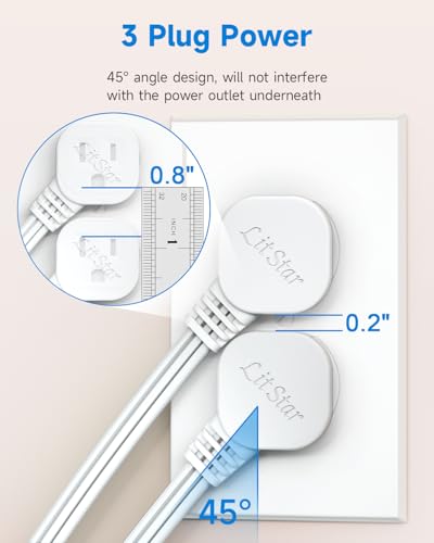 LitStar Flat Plug 1Ft Short Extension Cord, White 90-Degree Plug Low Profile Power Adapter, 3-Prong Indoor Grounded Small Extension Cord 16AWG 13A 1625W 2 Pack - Image 2