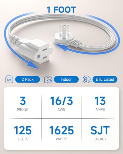 LitStar Flat Plug 1Ft Short Extension Cord, White 90-Degree Plug Low Profile Power Adapter, 3-Prong Indoor Grounded Small Extension Cord 16AWG 13A 1625W 2 Pack - Image 3