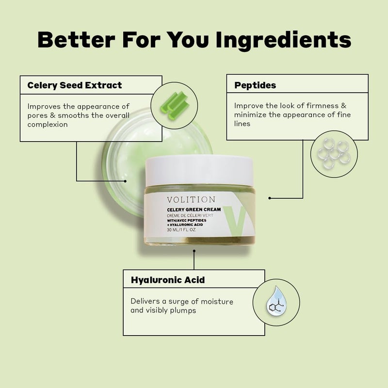 Volition Beauty Celery Green Cream with Hyaluronic Acid + Peptides - Purifies, Minimizes Pores and Controls Oil - 1oz - Image 3