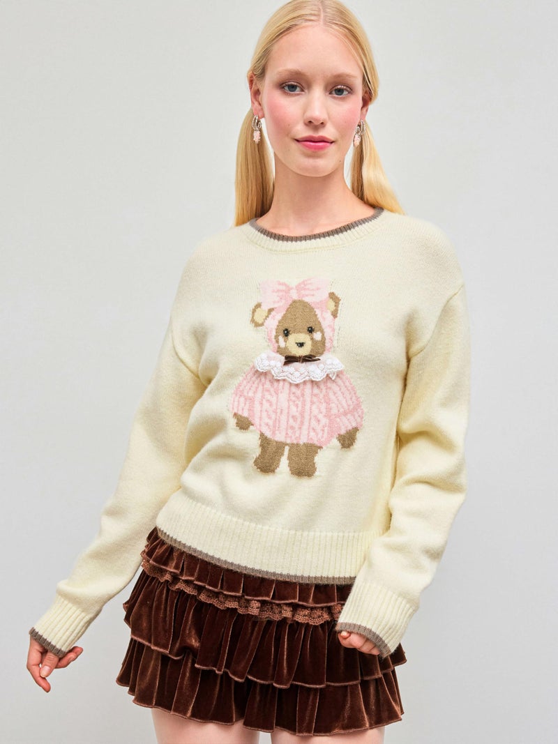 CIDER Women's Fall Sweaters Cropped Long Sleeve Cute Sweaters Bear Graphic Crewneck Soft Knit Casual Pullover - Image 2
