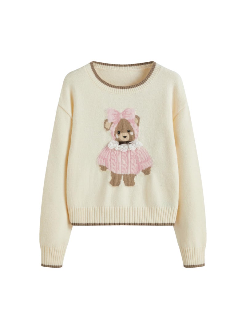 CIDER Women's Fall Sweaters Cropped Long Sleeve Cute Sweaters Bear Graphic Crewneck Soft Knit Casual Pullover - Image 1