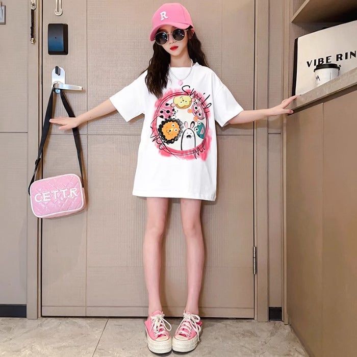 Girls' T-Shirt 2026 Style For Older Girls, Middle School Students, Printed Short-Sleeve Loose Top For Children, Trendy - Image 1