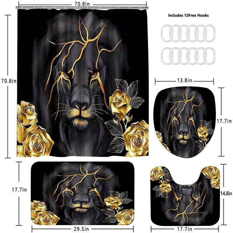 jieprom 4 Piece Black and Gold Shower Curtain Set with Rugs, Majestic Lion & Golden Rose Art, Luxury Aesthetic Waterproof Fabric Bathroom Decor, Non-Slip Mats & Toilet Lid Cover - Image 5