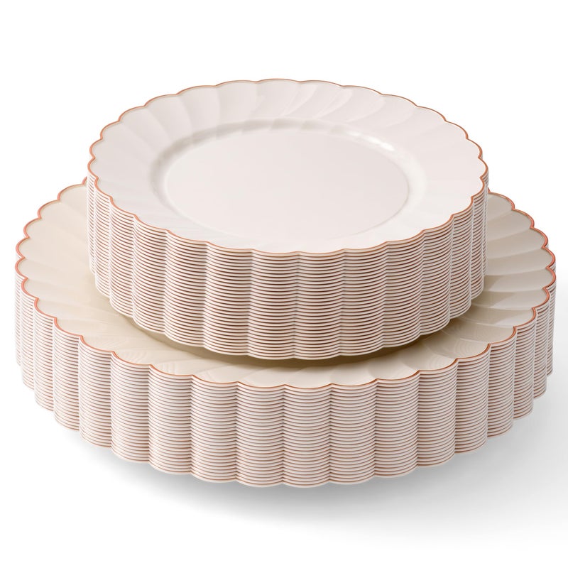 By Madee HEAVYWEIGHT 60 PC Scalloped Ivory Plates with Rose Gold Trim  30 Dinner  30 Dessert Plates  Great for Weddings Showers Birthdays 30 Guests