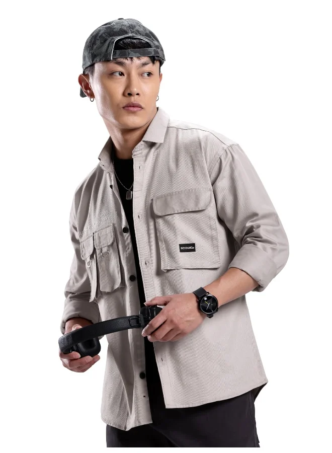 Beyoung Light Grey Cotton Twill Relaxed-Fit Mens Shirt