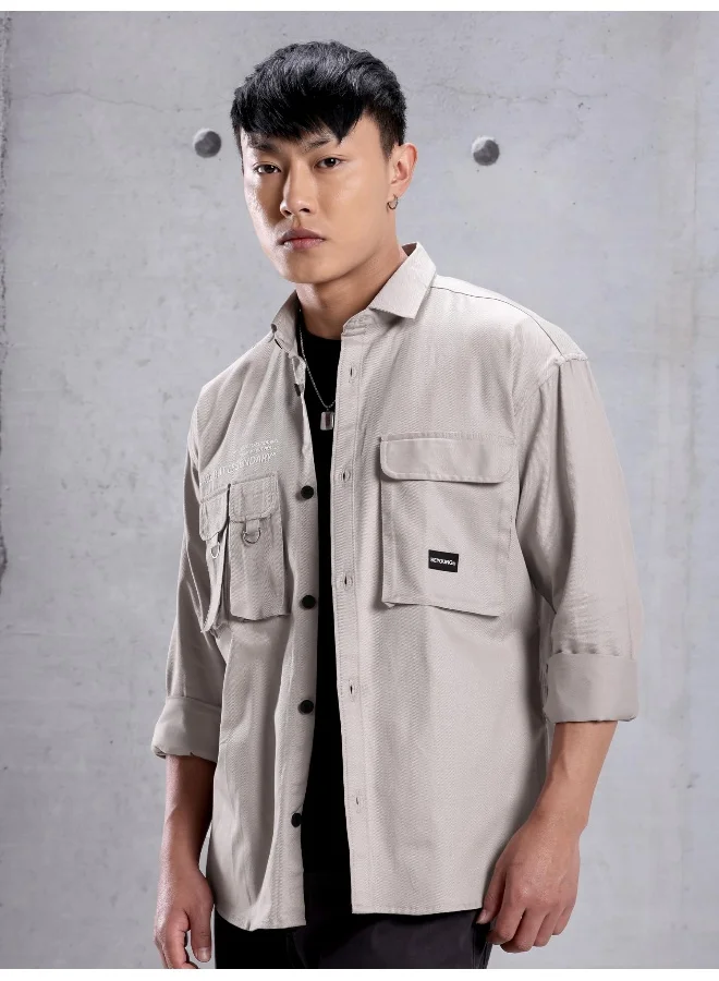 Beyoung Light Grey Cotton Twill Relaxed-Fit Mens Shirt