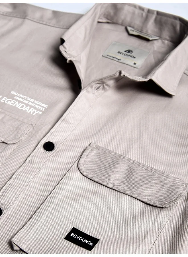 Beyoung Light Grey Cotton Twill Relaxed-Fit Mens Shirt