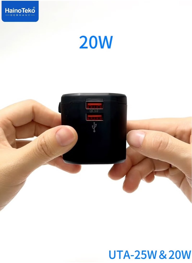 Haino Teko UTA-20W Universal Travel Adapter, 20W Fast Charging with LED Light Indicator, Compact & Portable Design, Global Compatibility for Multiple Devices – Black  - Image 3