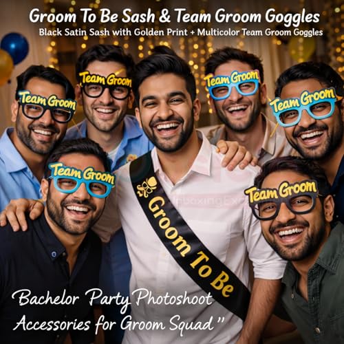 Propsicle Groom To Be Sash with Team Groom Glasses Combo - Black Satin Sash Gold Print + 6 Goggles No Lenses (Blue, Olive Green, Sky Blue) - Bachelor Celebration, Stag Night Photoshoot Accessories - Image 4