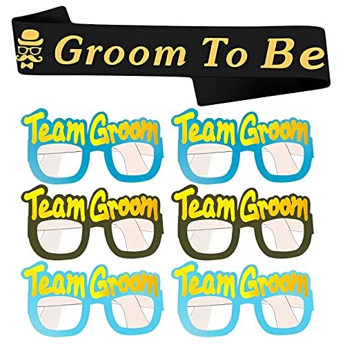 Propsicle Groom To Be Sash with Team Groom Glasses Combo - Black Satin Sash Gold Print + 6 Goggles No Lenses (Blue, Olive Green, Sky Blue) - Bachelor Celebration, Stag Night Photoshoot Accessories - Image 1