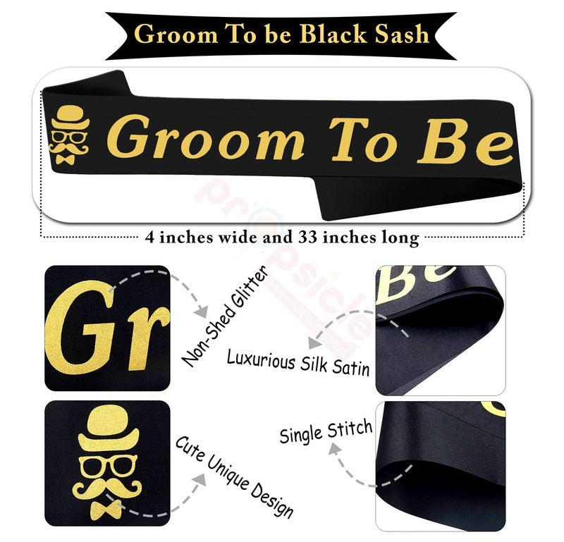 Propsicle Groom To Be Sash with Team Groom Glasses Combo - Black Satin Sash Gold Print + 6 Goggles No Lenses (Blue, Olive Green, Sky Blue) - Bachelor Celebration, Stag Night Photoshoot Accessories - Image 2