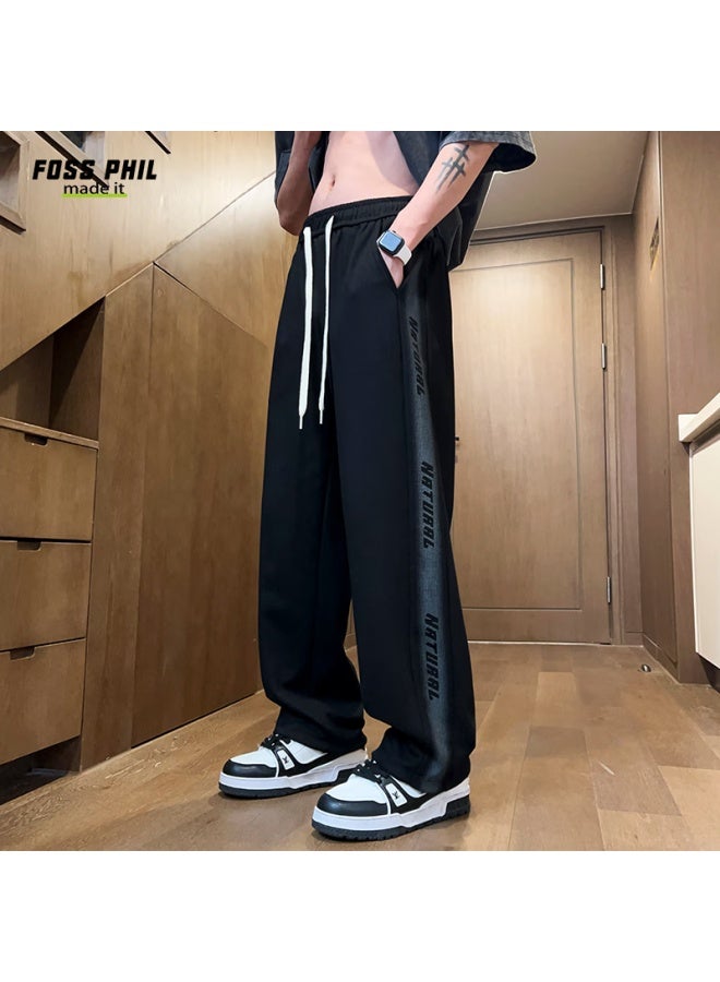 Foss Phil Straight-leg Pants For Men, Spring And Summer Loose-fit Trendy Sports American High Street Wide-leg Sweatpants K510 Black L - Image 3