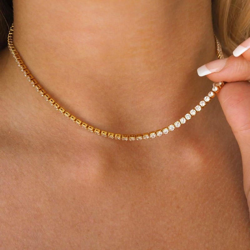 REHANDLE 2mm Gold Tennis Necklace Diamond Chain Thin 14K Gold Plated Diamond Choker Necklace for Women Cubic Zirconia Necklace Dainty Choker Necklace for Women Adjustable 13.7+2 inch - Image 4