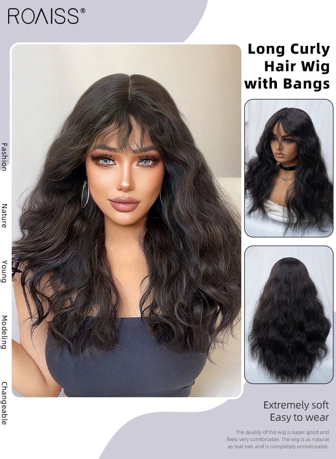 رويس شعر مستعار طويل مجعد مع غرة للنساء، شعر مستعار صناعي ناعم طبيعي مقاوم للحرارة لحفلات الزفاف والارتداء اليومي، أسود بني، 68 سم (26.78 بوصة) - Image 1