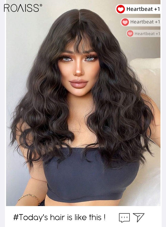 رويس شعر مستعار طويل مجعد مع غرة للنساء، شعر مستعار صناعي ناعم طبيعي مقاوم للحرارة لحفلات الزفاف والارتداء اليومي، أسود بني، 68 سم (26.78 بوصة) - Image 4