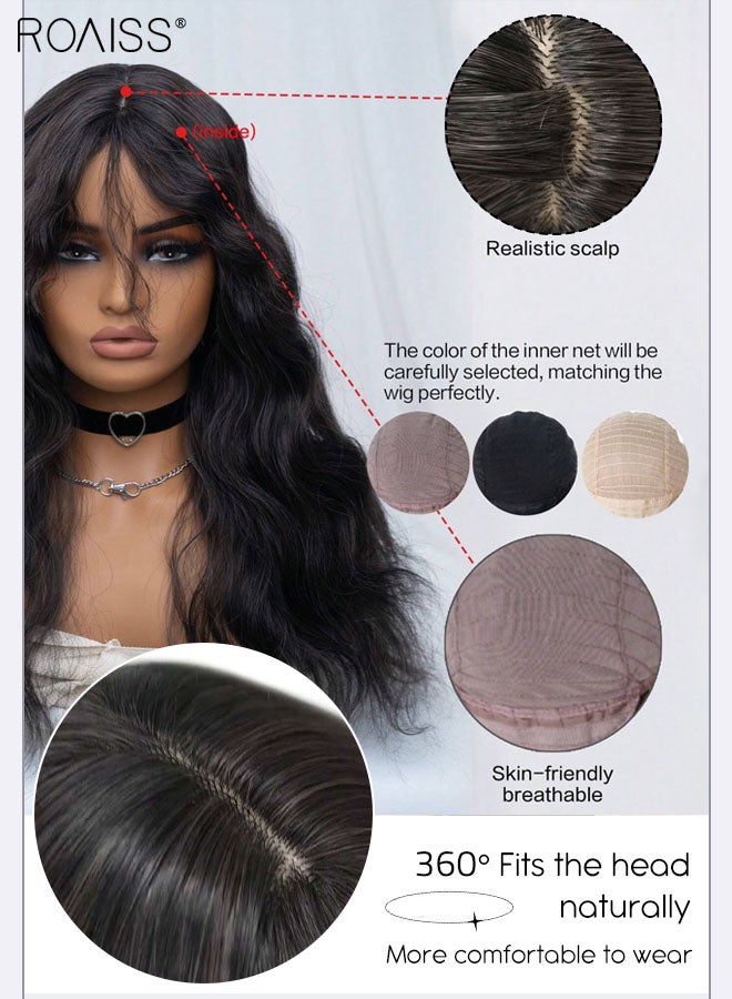 رويس شعر مستعار طويل مجعد مع غرة للنساء، شعر مستعار صناعي ناعم طبيعي مقاوم للحرارة لحفلات الزفاف والارتداء اليومي، أسود بني، 68 سم (26.78 بوصة) - Image 3