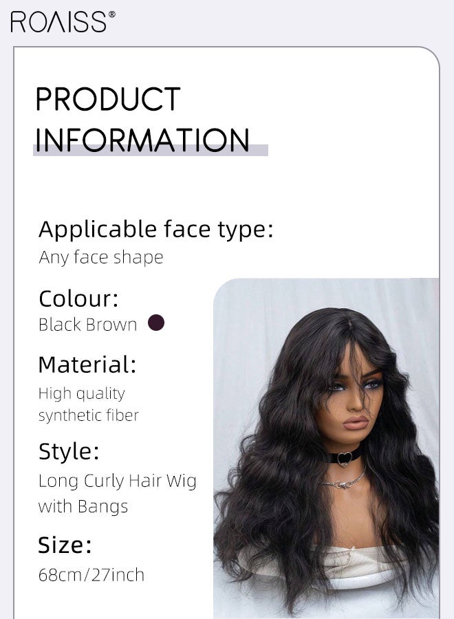 رويس شعر مستعار طويل مجعد مع غرة للنساء، شعر مستعار صناعي ناعم طبيعي مقاوم للحرارة لحفلات الزفاف والارتداء اليومي، أسود بني، 68 سم (26.78 بوصة) - Image 2