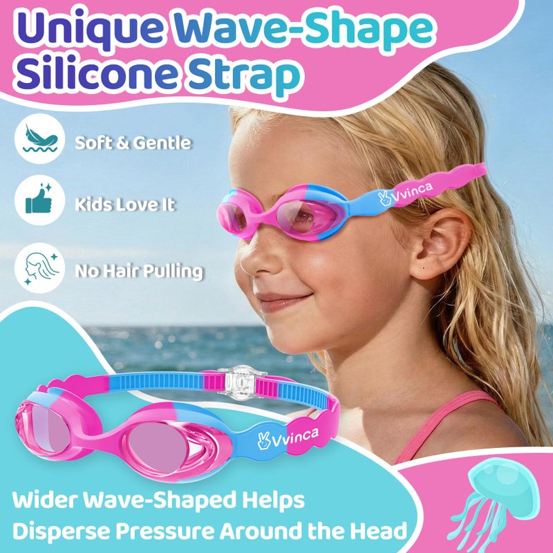 Vvinca Kids Swim Goggles for Boys Girls Age 3-12, Wave-Shaped Quick Adjust Strap, Waterproof Anti-Fog UV Protection Swimming Goggles, No Leaking Kids Goggles for Toddler Youth Pool Water Swimming - Image 3