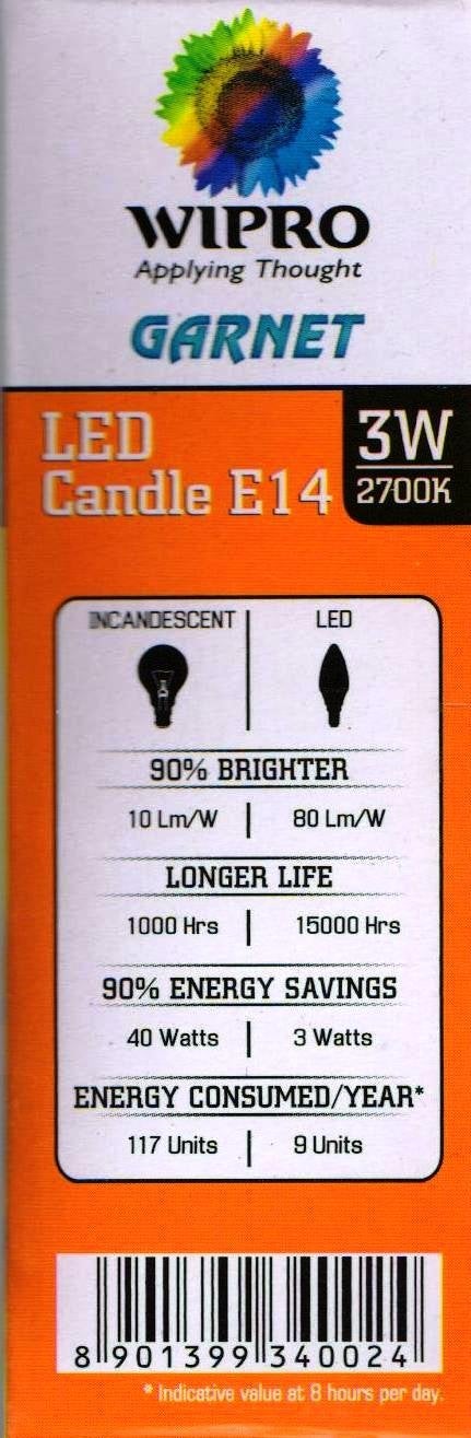 Wipro Garnet 3 W E14 Base Clear Candle LED Culb | Warm White (2700K) | Pack of 2 | Clear optics for sparkling effect | LED Filament Bulb for Home, office, chandellior, decorative lamp shade - Image 5