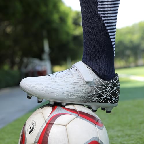 Skerxut Soccer Cleats, Kids Firm Ground Football Shoes, Boys Girls Athletic Outdoor (Grey, Little Kid, 12, Numeric, US Footwear Size System, Medium) - Image 3