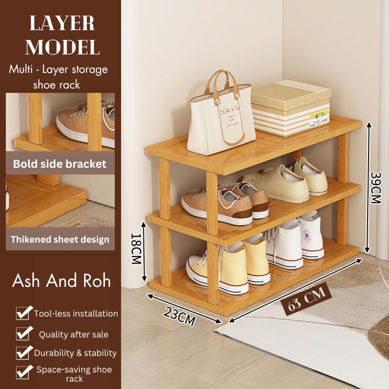 Ash  Roh Ash & Roh Bamboo Shoe Rack - Vertical Shoe Rack for Small Spaces, Tall Narrow Shoe Rack Organizer for Closet Entryway Corner Garage and Bedroom,Skinny Shoe Shelf (65 cm, 3 Section) - Image 2