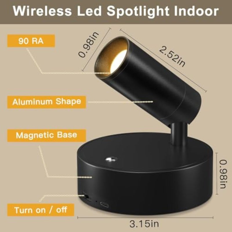 Wireless LED Spotlight Indoor, Uplight with Timer Dimmable, Rechargeable Battery Powered Accent Light for Plants, Artwork, Corner Lighting Black, 1 Pack - Image 2