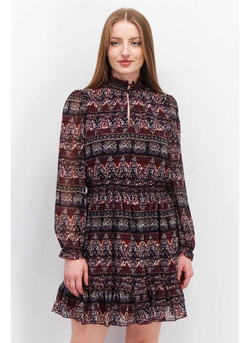 EDC Women Aztec Print Long Sleeve Mini Dress, Maroon  - Image 1