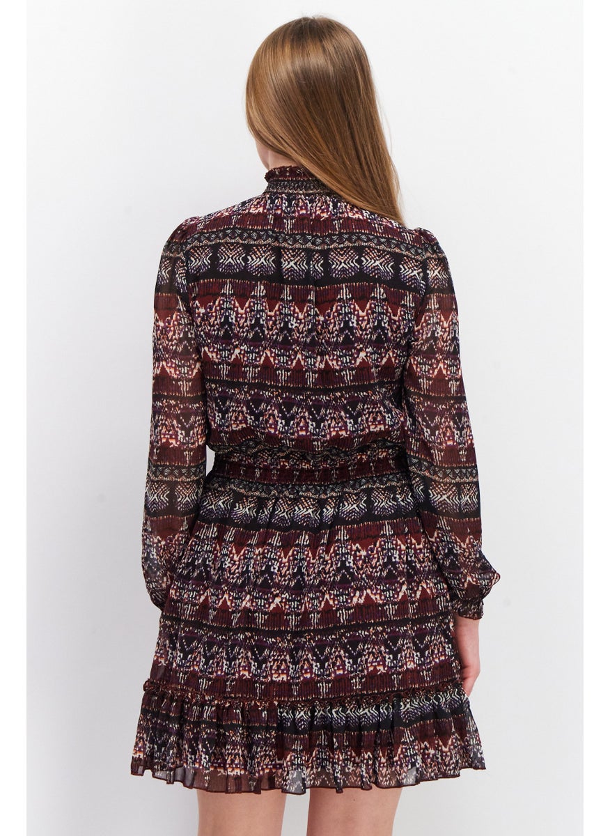EDC Women Aztec Print Long Sleeve Mini Dress, Maroon  - Image 3