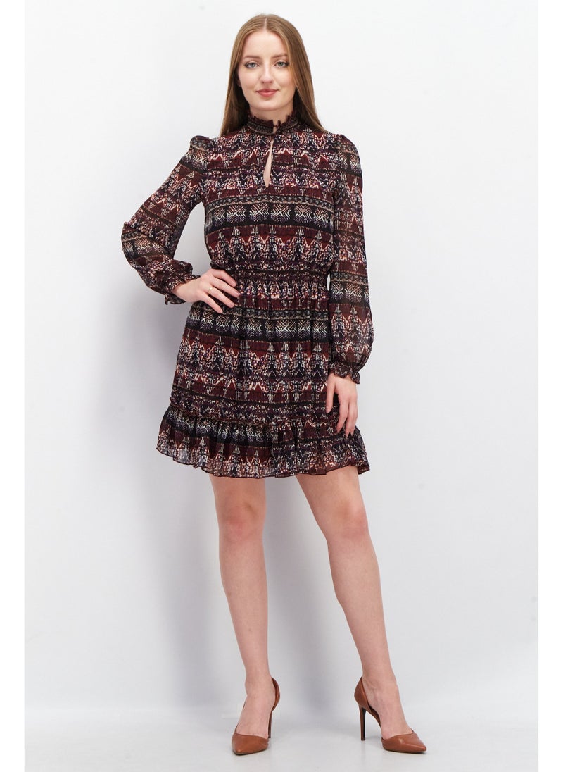 EDC Women Aztec Print Long Sleeve Mini Dress, Maroon  - Image 5