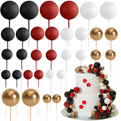 ASTARON 32 Pcs Ball Cake Topper Decorations Mini Balloons Cake Topper Sticks Foam Balls Cake Picks for Graduation Wedding Party Birthday Cake Decorating Red Black - Image 1