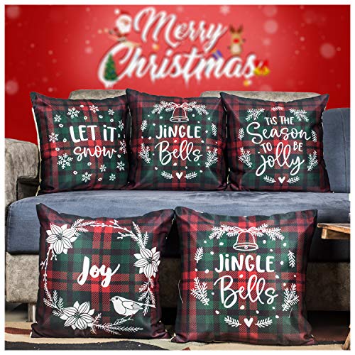 Vendola Decorative Merry Christmas Satin Cushion Cover 24 Inch x 24 Inch 5 Piece, Cusion Cover Sofa Pillow Cover Set for Home, Sofa & Living Room, Checks Print, Red, Green and White, 24X24 Inches - Image 1