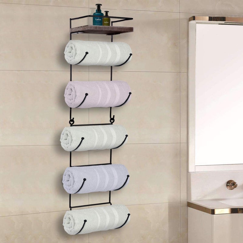 Indian Decor 28585 Towel Rack Wall Mounted with Top ShelfTowelWine Rack Holder Organizer with 5 Compartments and Top Wooden Shelf for Bathroom Storage 307 L x 7 W - Image 2
