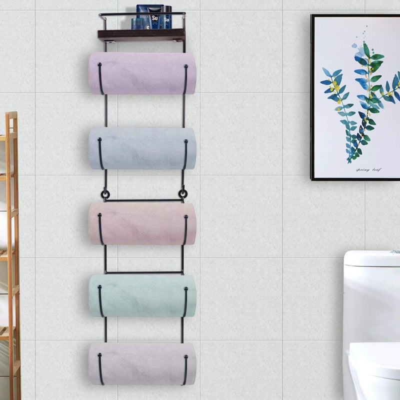 Indian Decor 28585 Towel Rack Wall Mounted with Top ShelfTowelWine Rack Holder Organizer with 5 Compartments and Top Wooden Shelf for Bathroom Storage 307 L x 7 W - Image 4