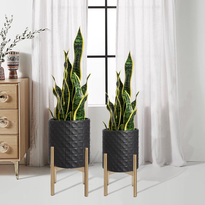 Oakrain Planters for Indoor Plants Set of 2 Decorative Metal Planter Pots Mid Century Modern Planter with Stand for Living Room Office Garden or Balcony Black 810
