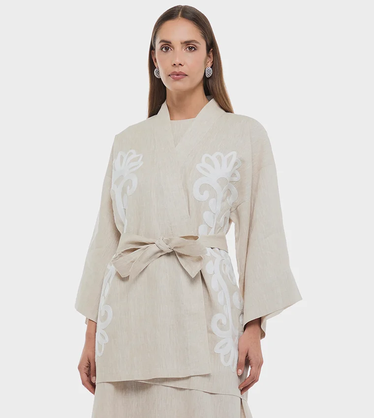 BCBG BCBG Linen Kimono With Embroidered Sleeves