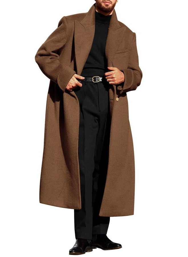 Runcati Mens Wool Blend Pea Coat Notched Collar Double Breasted Long Jacket Trench Coats Classic Winter Overcoat, Brown, XL - Image 1