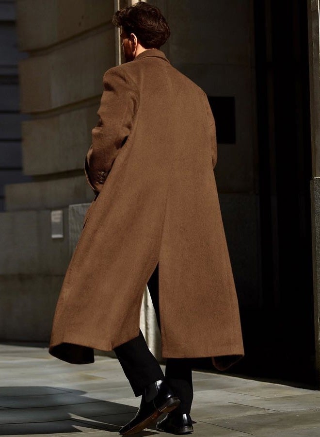 Runcati Mens Wool Blend Pea Coat Notched Collar Double Breasted Long Jacket Trench Coats Classic Winter Overcoat, Brown, XL - Image 4